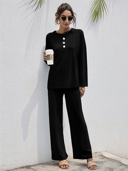 Loungewear-Casual Lounge Ribbed 2-Piece Set - Long Sleeve T-Shirt and Relaxed Pants-Pekosa Women Clothing