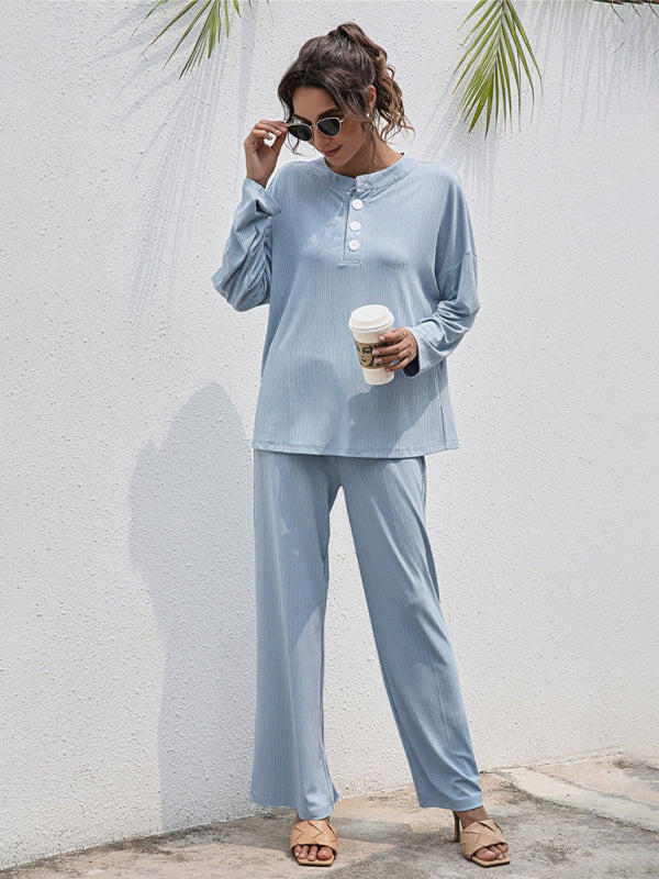 Loungewear-Casual Lounge Ribbed 2-Piece Set - Long Sleeve T-Shirt and Relaxed Pants-Pekosa Women Clothing