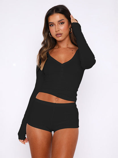 Loungewear-Easy Lounging Long Sleeve Tee & Comfy Boyshorts 2-Piece Set-Pekosa Women Clothing