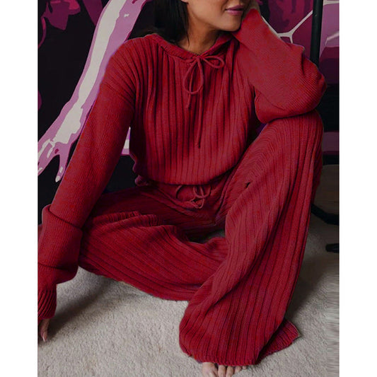 Loungewear- Essential Ribbed 2-Piece Loungewear - Cotton Blend Hooded Pullover and Pants- Wine Red- IndioGear Fashion and Gear