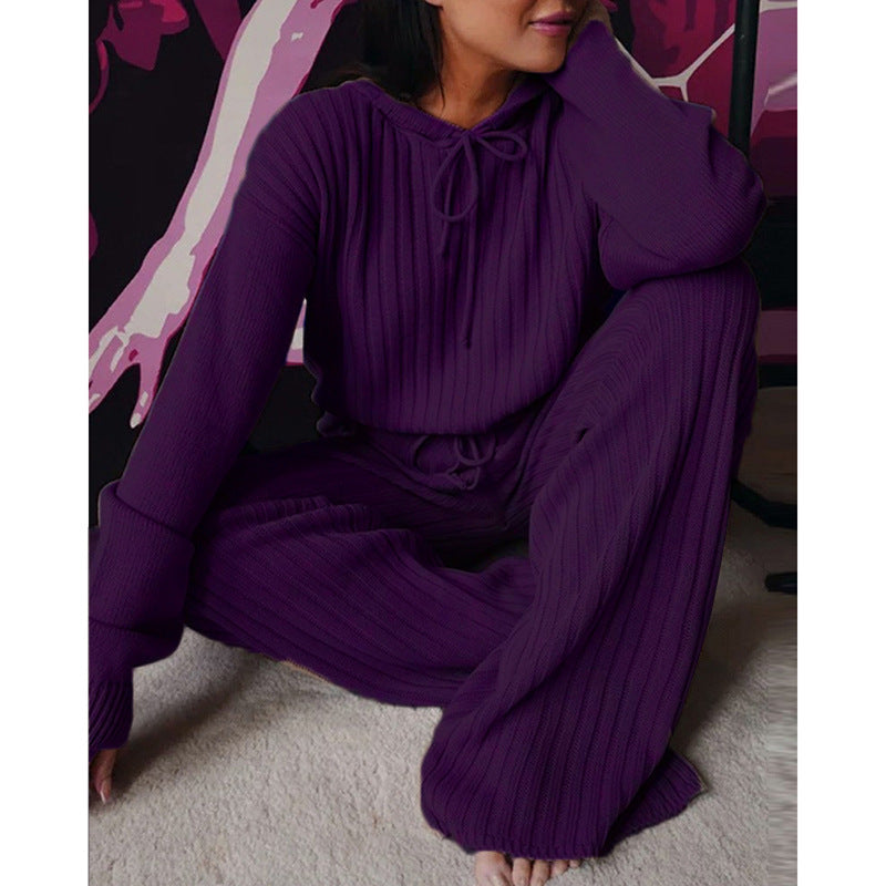 Loungewear- Essential Ribbed 2-Piece Loungewear - Cotton Blend Hooded Pullover and Pants- Purple- IndioGear Fashion and Gear