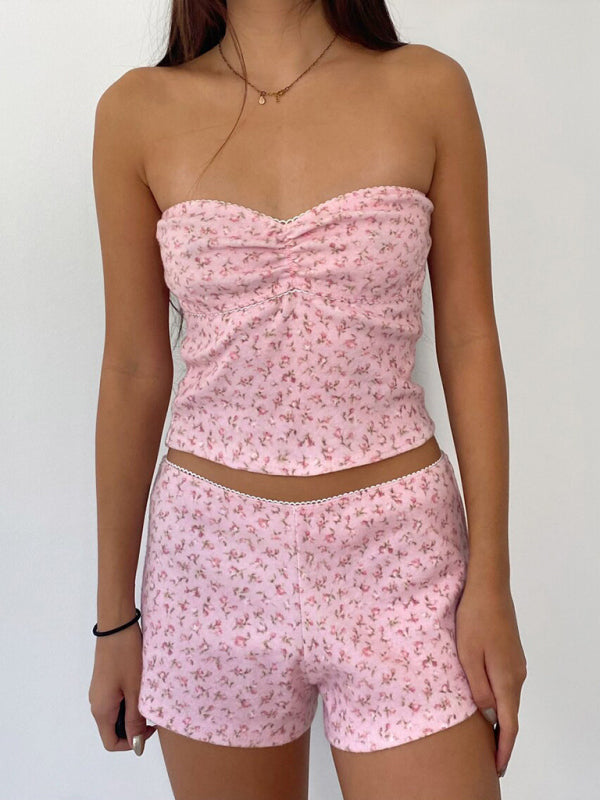 Loungewear- Floral Print Tube Top and Shorts - 2-Piece Summer Loungewear- Pink- IndioGear Fashion and Gear