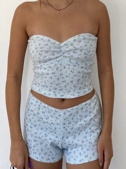 Loungewear- Floral Print Tube Top and Shorts - 2-Piece Summer Loungewear- Sky blue azure- IndioGear Fashion and Gear