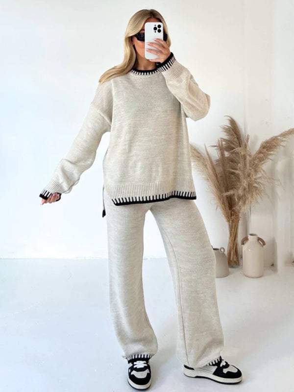 Gestrickter, bestickter Zweiteiler – bequemer Pullover und lässige Hose