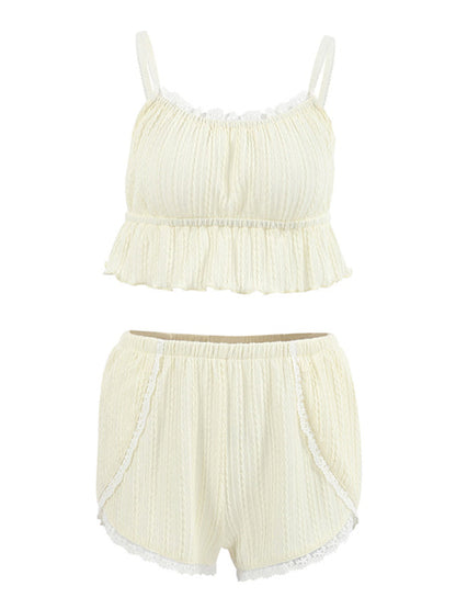 Laid-back Summer Textured 2-Piece Loungewear - Boyshorts & Cami with Lace