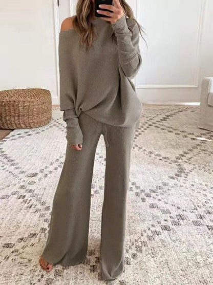 Lightweight Ribbed Knit Lounge Set - Flared Pants & One-Shoulder Top