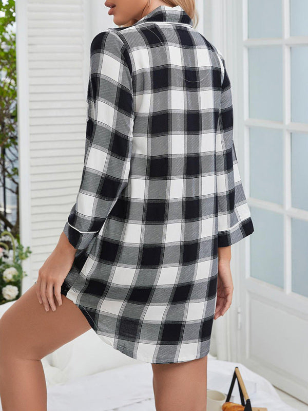 Loungewear- Plaid Loungewear Mid-Length Shirt Nightdress- - IndioGear Fashion and Gear