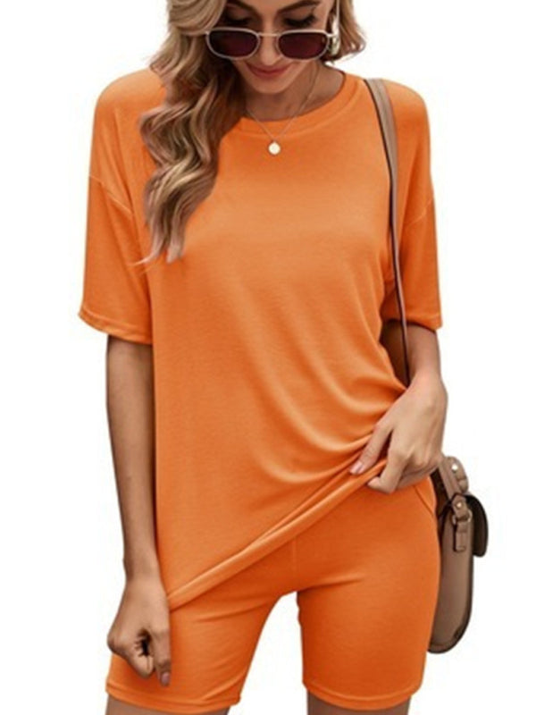 Loungewear- Short Sleeve Tee with Biker Shorts Lounge 2-Piece- Orange- IndioGear Fashion and Gear