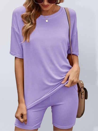 Loungewear- Short Sleeve Tee with Biker Shorts Lounge 2-Piece- Purple- IndioGear Fashion and Gear