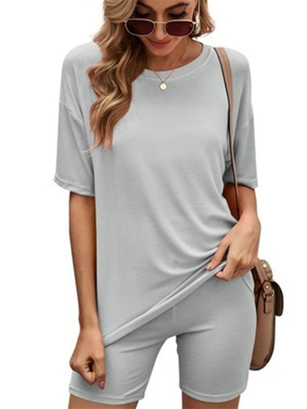 Loungewear- Short Sleeve Tee with Biker Shorts Lounge 2-Piece- Grey- IndioGear Fashion and Gear