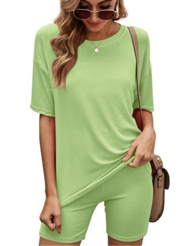 Loungewear- Short Sleeve Tee with Biker Shorts Lounge 2-Piece- Green- IndioGear Fashion and Gear