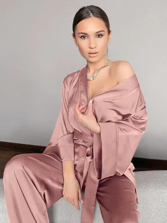 Loungewear- Silky 2-Piece Satin Sleepwear Set - Wrap Kimono Top and Pants- Pink- IndioGear Fashion and Gear