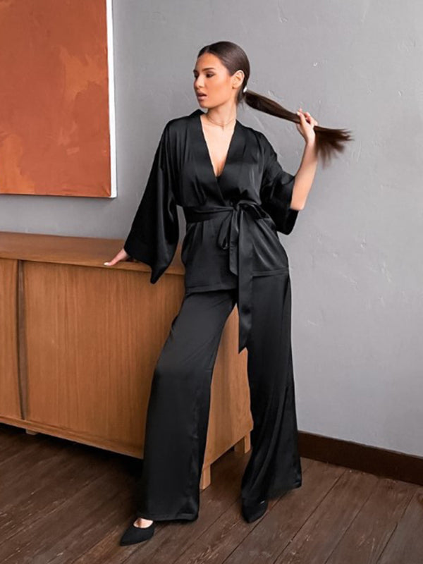 Loungewear- Silky 2-Piece Satin Sleepwear Set - Wrap Kimono Top and Pants- Black- IndioGear Fashion and Gear