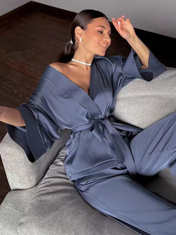 Loungewear- Silky 2-Piece Satin Sleepwear Set - Wrap Kimono Top and Pants- Blue- IndioGear Fashion and Gear