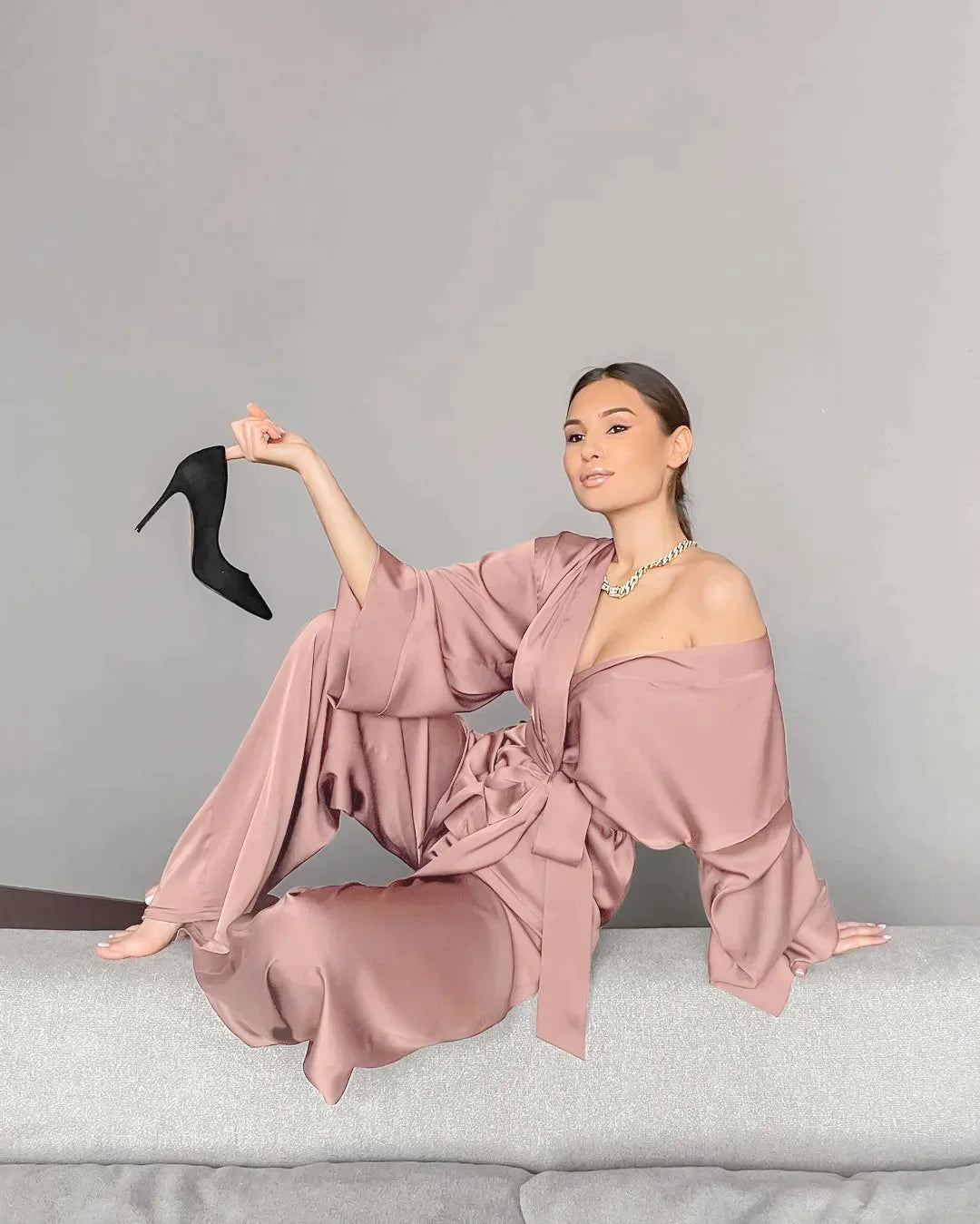 Loungewear- Silky 2-Piece Satin Sleepwear Set - Wrap Kimono Top and Pants- - IndioGear Fashion and Gear