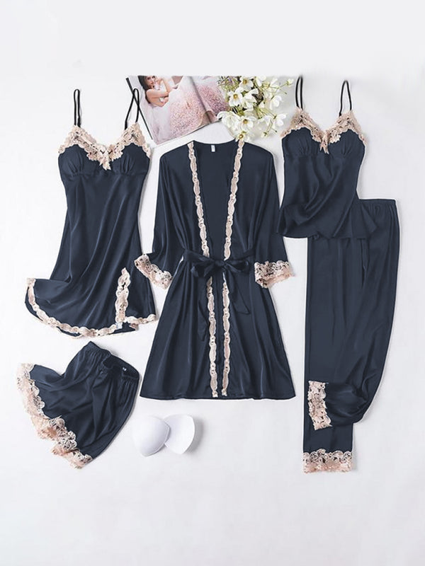 Loungewear & Sleepwear- Satin Lace PJs 5-Piece Set - Robe, Cami, Chemise, Pants & Shorts- Black- IndioGear Fashion and Gear