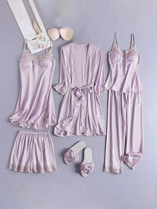 Loungewear & Sleepwear- Satin Lace PJs 5-Piece Set - Robe, Cami, Chemise, Pants & Shorts- Pink- IndioGear Fashion and Gear