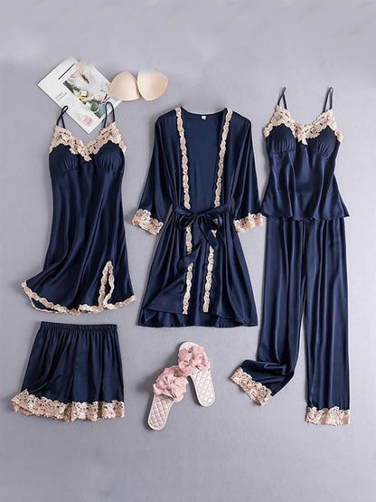 Loungewear & Sleepwear- Satin Lace PJs 5-Piece Set - Robe, Cami, Chemise, Pants & Shorts- Champlain color- IndioGear Fashion and Gear