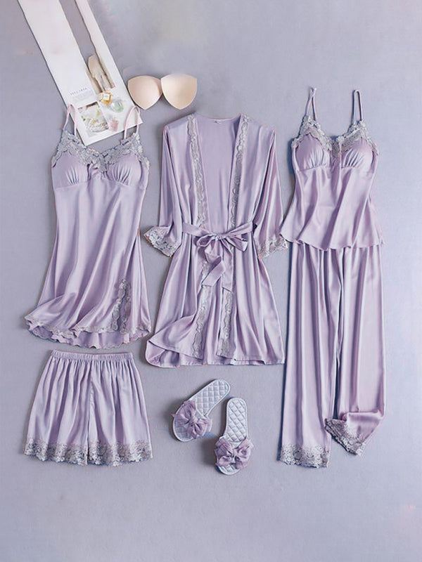 Loungewear & Sleepwear- Satin Lace PJs 5-Piece Set - Robe, Cami, Chemise, Pants & Shorts- - IndioGear Fashion and Gear