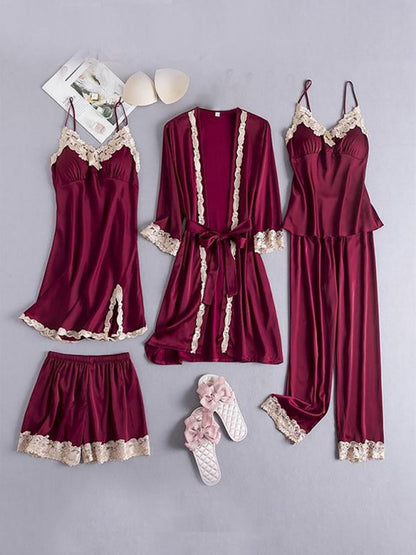 Loungewear & Sleepwear- Satin Lace PJs 5-Piece Set - Robe, Cami, Chemise, Pants & Shorts- Wine Red- IndioGear Fashion and Gear