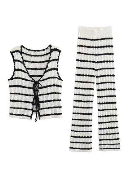 Loungewear-Summer Lounging Tie-Front Tank Top & Stripe Pants-Pekosa Women Clothing