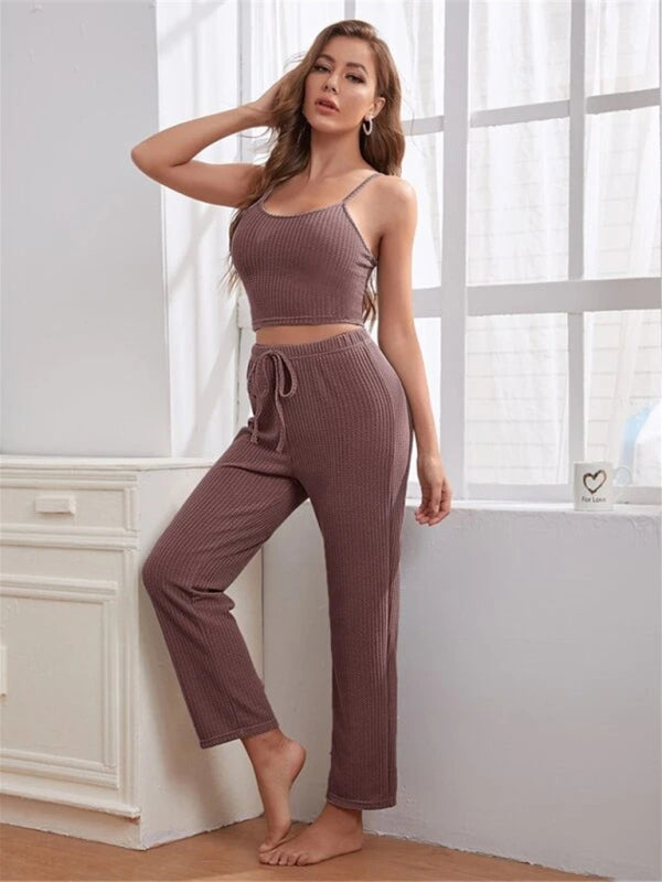 Loungewear- Women's 3 Piece Textured Loungewear Set - Pants, Cami & Cardigan- - IndioGear Fashion and Gear