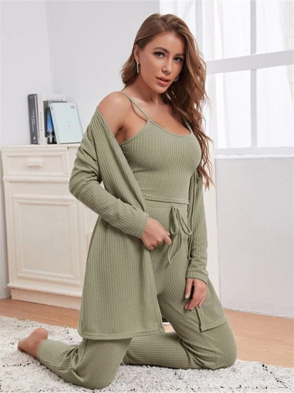 Loungewear- Women's 3 Piece Textured Loungewear Set - Pants, Cami & Cardigan- - IndioGear Fashion and Gear