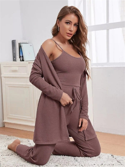 Loungewear- Women's 3 Piece Textured Loungewear Set - Pants, Cami & Cardigan- Lavender- IndioGear Fashion and Gear