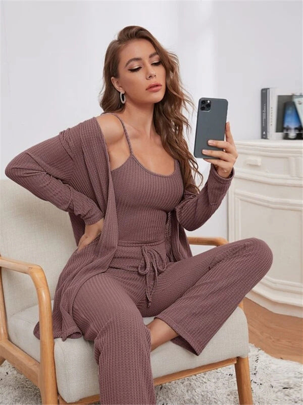 Loungewear- Women's 3 Piece Textured Loungewear Set - Pants, Cami & Cardigan- - IndioGear Fashion and Gear