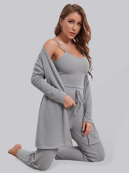 Loungewear- Women's 3 Piece Textured Loungewear Set - Pants, Cami & Cardigan- Grey- IndioGear Fashion and Gear