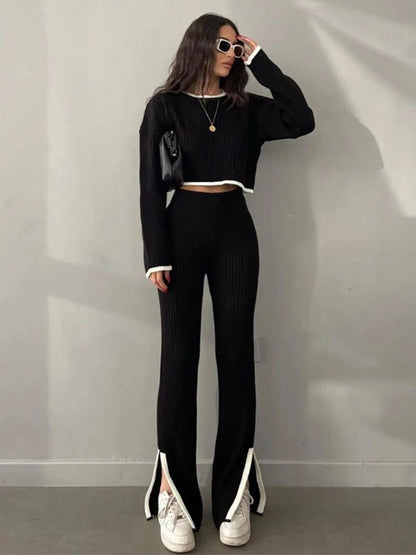 Matching Pants Set- Rib-Knit Outfit Contrast Binding Sweater and Split Ankle Pants- - IndioGear Clothing and Gear