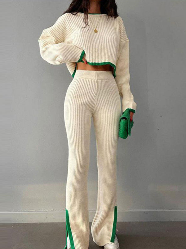 Matching Pants Set- Rib-Knit Outfit Contrast Binding Sweater and Split Ankle Pants- White- IndioGear Clothing and Gear