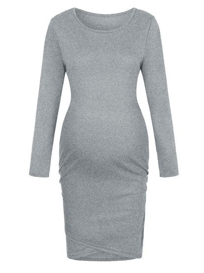 Maternity Dresses- Bump-Hugging Solid Long Sleeve Maternity Bodycon Dress- - Chuzko Women Clothing