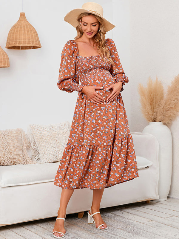 Maternity Dresses- Motherhood Floral Lantern Sleeve Maternity Dress for Baby Showers- - Chuzko Women Clothing