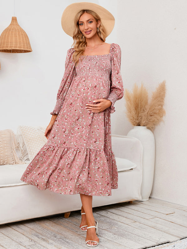 Maternity Dresses- Motherhood Floral Lantern Sleeve Maternity Dress for Baby Showers- - Chuzko Women Clothing