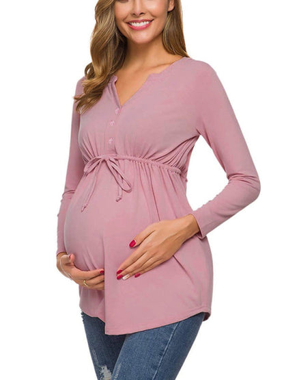 Bump-Friendly Maternity Long Sleeve Tee with Waist Gathering