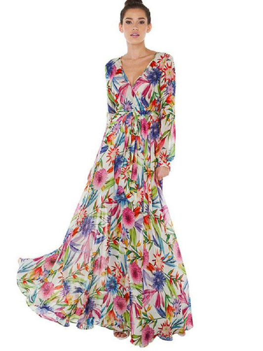 Maxi Dress- Abstract Print Long Sleeve Surplice Maxi Dress- White- IndioGear Fashion and Gear