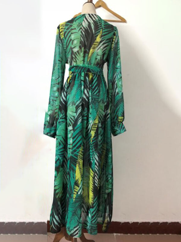 Maxi Dress- Abstract Print Long Sleeve Surplice Maxi Dress- - IndioGear Fashion and Gear