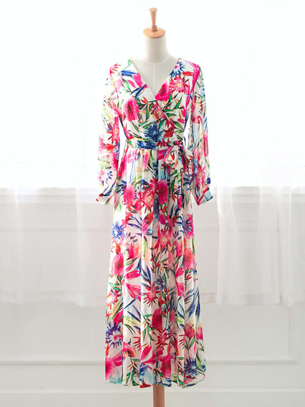 Maxi Dress- Abstract Print Long Sleeve Surplice Maxi Dress- - IndioGear Fashion and Gear