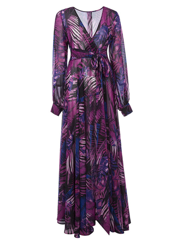 Maxi Dress- Abstract Print Long Sleeve Surplice Maxi Dress- - IndioGear Fashion and Gear