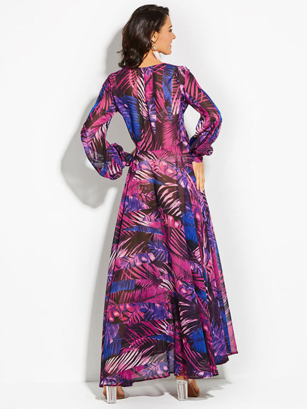 Maxi Dress- Abstract Print Long Sleeve Surplice Maxi Dress- - IndioGear Fashion and Gear