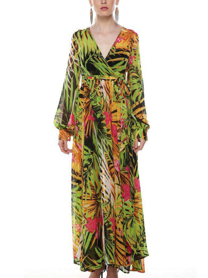 Maxi Dress- Abstract Print Long Sleeve Surplice Maxi Dress- - IndioGear Fashion and Gear