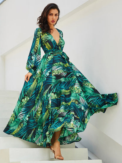 Maxi Dress- Abstract Print Long Sleeve Surplice Maxi Dress- - IndioGear Fashion and Gear