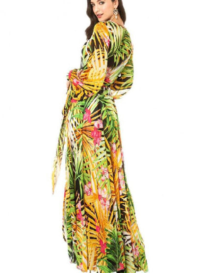 Maxi Dress- Abstract Print Long Sleeve Surplice Maxi Dress- - IndioGear Fashion and Gear