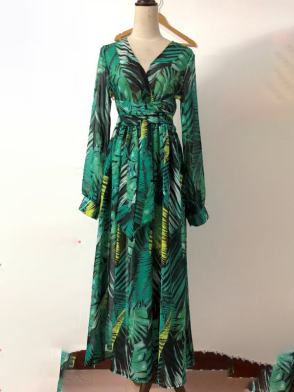 Maxi Dress- Abstract Print Long Sleeve Surplice Maxi Dress- - IndioGear Fashion and Gear