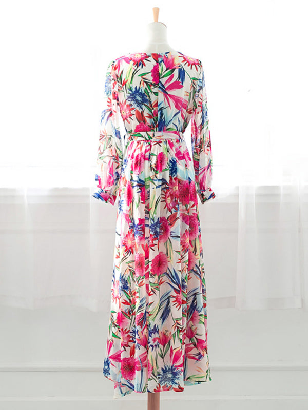 Maxi Dress- Abstract Print Long Sleeve Surplice Maxi Dress- - IndioGear Fashion and Gear