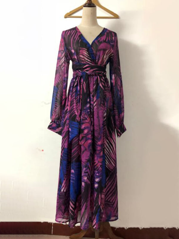 Maxi Dress- Abstract Print Long Sleeve Surplice Maxi Dress- - IndioGear Fashion and Gear