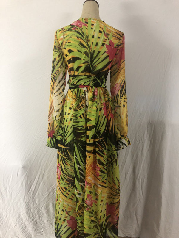 Maxi Dress- Abstract Print Long Sleeve Surplice Maxi Dress- - IndioGear Fashion and Gear