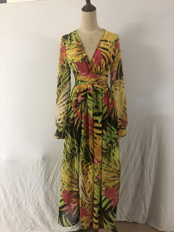 Maxi Dress- Abstract Print Long Sleeve Surplice Maxi Dress- - IndioGear Fashion and Gear