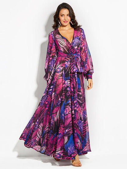 Maxi Dress- Abstract Print Long Sleeve Surplice Maxi Dress- - IndioGear Fashion and Gear